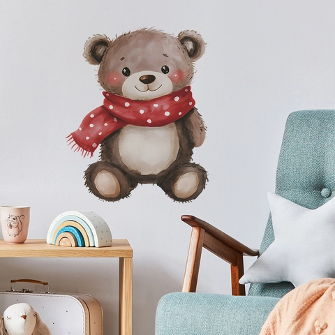 Süßer Aquarell Braunbär Wandtattoo Mit Rotem Punktmuster Schal Abnehmbarer PVC Selbstklebend Dekor Für Kinderzimmer