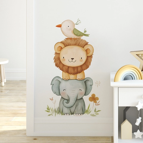 Pegatina de Pared Animales Apilados Elefante León Pájaro Acuarela PVC Calcomanía Para Habitación Niños Decoración Del Hogar