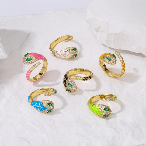 Adjustable Snake Open Ring With Zirconia And Enamel For Women Vintage Gold Plated Alloy Animal Wrap Ring Fashion Jewelry