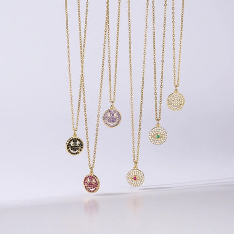 Collar de Colgante de Cobre Chapado en Oro con Zirconia para Mujer Joyería Bohemia Ojo del Mal Cara Sonriente Serpiente Luna Estrella