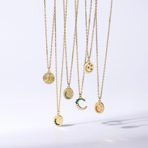 Collar de Colgante de Cobre Chapado en Oro con Zirconia para Mujer Joyería Bohemia Ojo del Mal Cara Sonriente Serpiente Luna Estrella