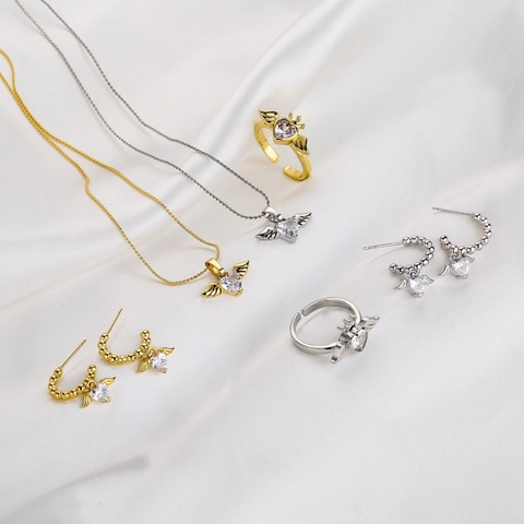 Copper Rhinestone Angel Wings Heart Jewelry Set Necklace Adjustable Ring Drop Earrings For Women Elegant Romantic Accessories