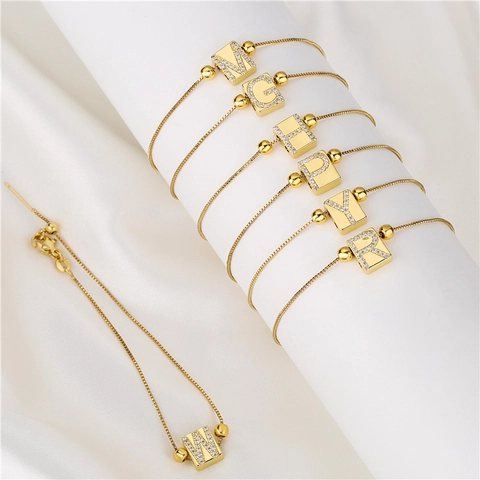 Simple Copper Gold Plated Initial Bracelet For Women Square Letter Charm Inlaid Rhinestones Adjustable Box Chain Jewelry