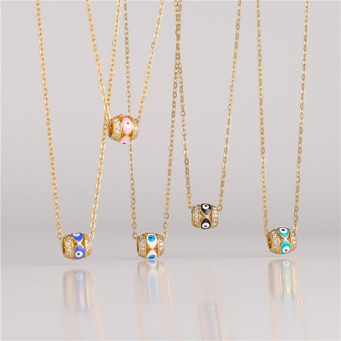 Trendy Evil Eye Copper Pendant Necklace For Women Gold Plated Enamel Rhinestone Cylindrical Bead Ins Style Jewelry Gift
