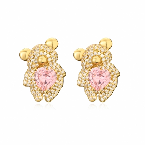 Kleiner Bär Schmuckset Kupfer Strass Herz Anhänger Halskette Ohrstecker Süß Rosa Diamant Mode Geschenk Für Damen