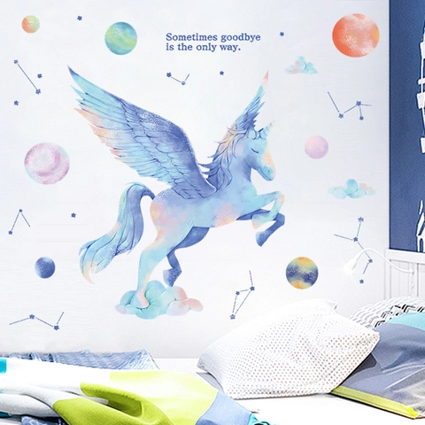 Watercolor Unicorn Planets Wall Stickers Dreamy Winged Pegasus Star Constellation PVC Decals For Kids Girls Room Home Decor