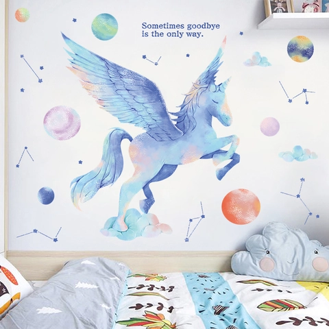 Watercolor Unicorn Planets Wall Stickers Dreamy Winged Pegasus Star Constellation PVC Decals For Kids Girls Room Home Decor