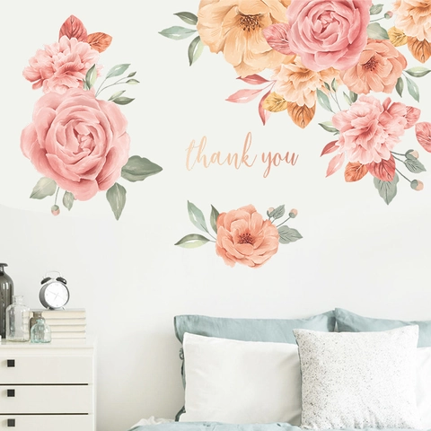 Aquarell Pfingstrose Rose Wandaufkleber PVC Floral Wandtattoos Mit Thank You Text Für Schlafzimmer Wohnzimmer Haus Dekor
