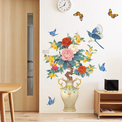 Chinesischer Stil Pfingstrose Blume Vase Wandaufkleber Abnehmbar PVC Elster Vogel Schmetterling Wandbild Für Wohnzimmer Heimdekoration