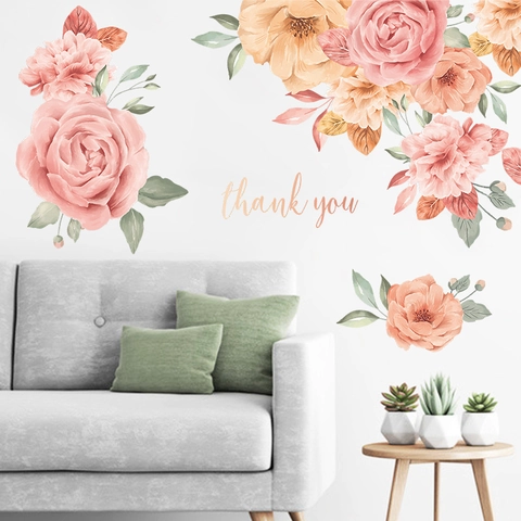 Aquarell Pfingstrose Rose Wandaufkleber PVC Floral Wandtattoos Mit Thank You Text Für Schlafzimmer Wohnzimmer Haus Dekor