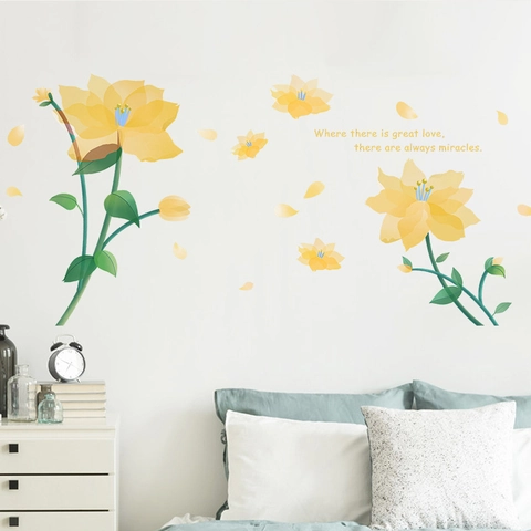 Yellow Watercolor Flower Wall Stickers Romantic Floral Self Adhesive PVC Wallpaper Decal For Living Room Bedroom Study Home Decor