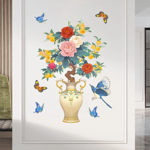 Chinesischer Stil Pfingstrose Blume Vase Wandaufkleber Abnehmbar PVC Elster Vogel Schmetterling Wandbild Für Wohnzimmer Heimdekoration