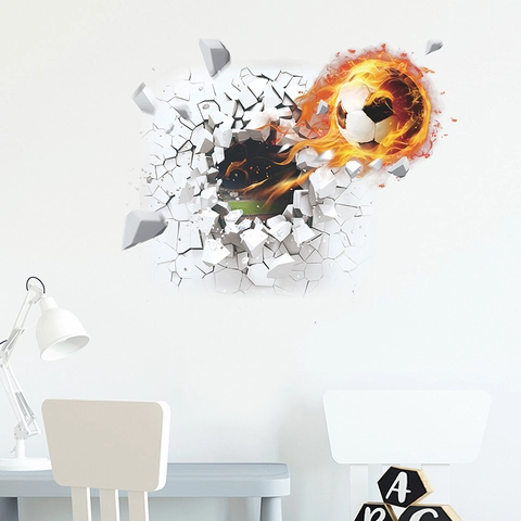3D Flaming Soccer Wall Sticker Broken Wall Effect PVC Removable Self Adhesive Mural For Kids Room Bedroom Sports Home Decor