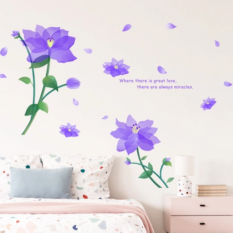 Adesivi Murali Fiori Viola Acquerello Decalcomanie Floreali Dipinte a Mano Con Citazione Ispiratrice Per Camera da Letto Soggiorno