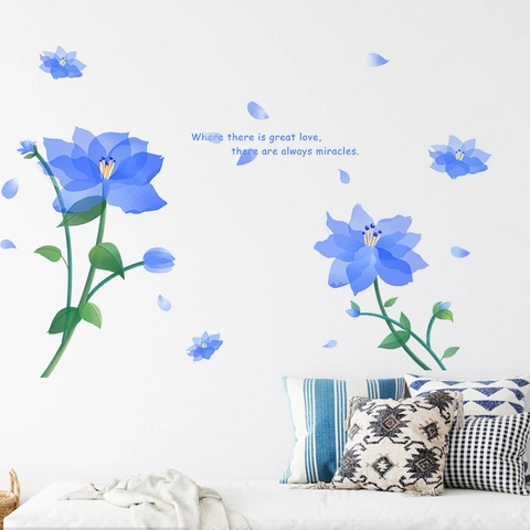 Romantische Blaue Blumen Wandaufkleber Florales Wandtattoo Abnehmbare PVC Selbstklebende Wandbild Für Wohnzimmer Schlafzimmer