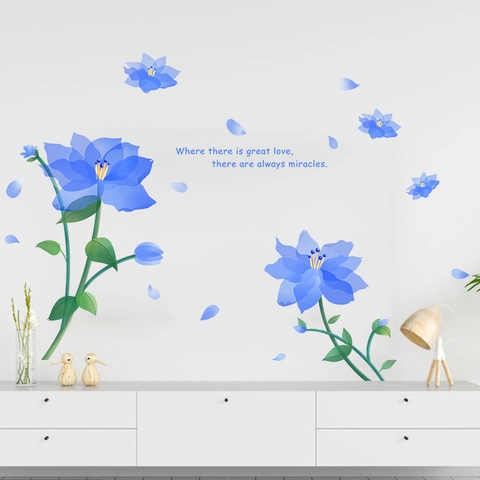 Romantische Blaue Blumen Wandaufkleber Florales Wandtattoo Abnehmbare PVC Selbstklebende Wandbild Für Wohnzimmer Schlafzimmer