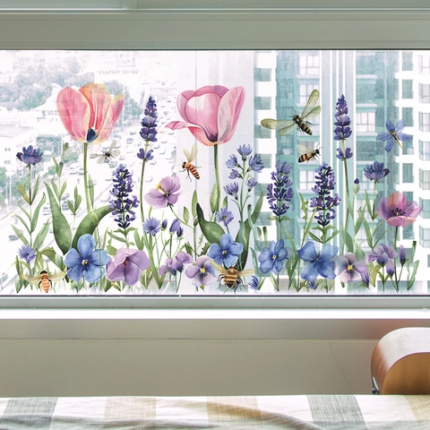 Aquarel Tulp Lavendel Bloem Vensterstickers Statische Kleefkracht Zonder Lijm Verwijderbare Glasdeur Stickers Woonkamer Decor