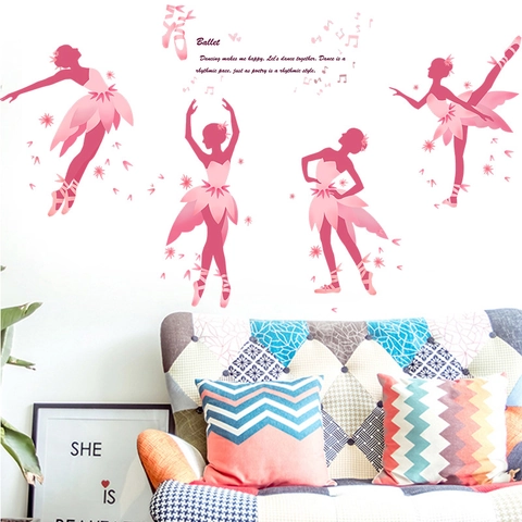 Pink Ballet Dancer Silhouette Wall Sticker Pink Butterfly Musical Notes PVC Removable Wall Decal Girls Bedroom Nursery Decor