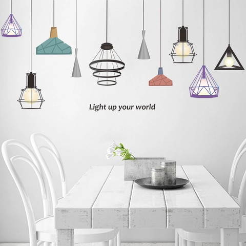 Pegatinas de Pared de Lámpara Colgante Geométrica Moderna Minimalista PVC Autoadhesivo Cita Light Up Your World Mural