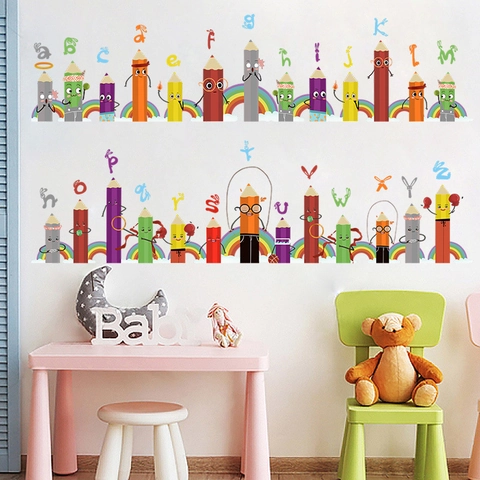 Cartoon Alphabet Bleistift Wandtattoo Für Kinderzimmer Kindergarten PVC DIY ABC Wandaufkleber Haus Dekor Klassenzimmer Deko