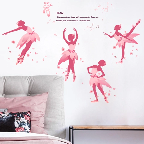 Pink Ballet Dancer Silhouette Wall Sticker Pink Butterfly Musical Notes PVC Removable Wall Decal Girls Bedroom Nursery Decor