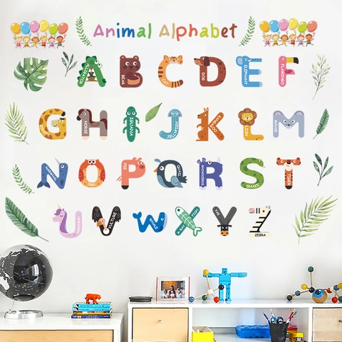 Cartoon Animal Alphabet Wall Stickers PVC Educational English Letters Decals For Kids Room Classroom Nursery Decor