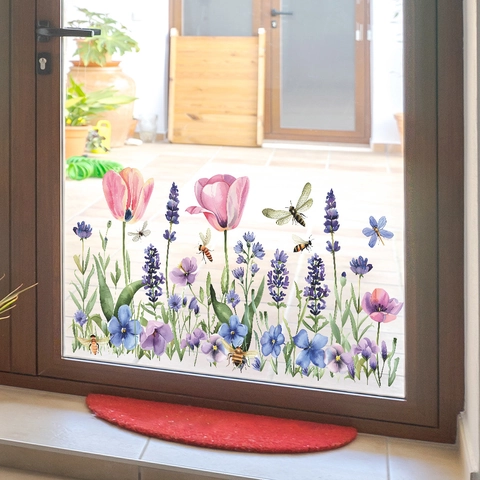 Aquarel Tulp Lavendel Bloem Vensterstickers Statische Kleefkracht Zonder Lijm Verwijderbare Glasdeur Stickers Woonkamer Decor