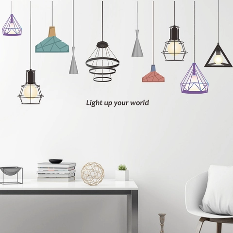 Pegatinas de Pared de Lámpara Colgante Geométrica Moderna Minimalista PVC Autoadhesivo Cita Light Up Your World Mural