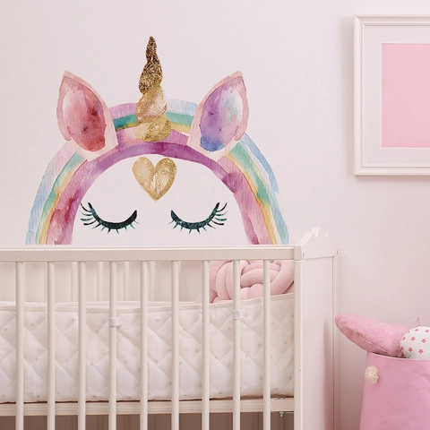 Adesivo Murale Unicorno Arcobaleno Acquerello Cuore Glitter Oro per Cameretta Bambini Camera da Letto Decalcomania PVC Autoadesiva