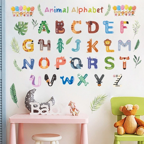 Cartoon Animal Alphabet Wall Stickers PVC Educational English Letters Decals For Kids Room Classroom Nursery Decor