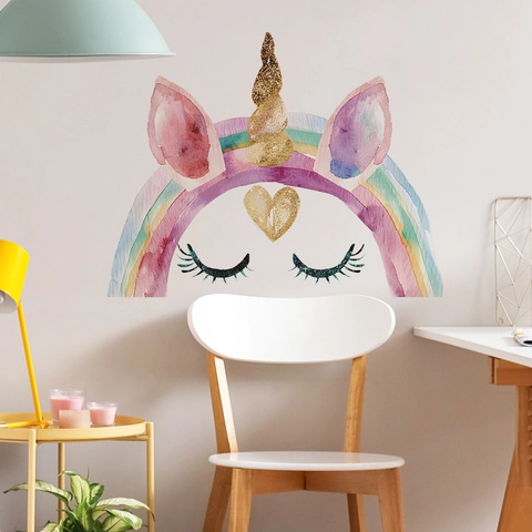 Adesivo Murale Unicorno Arcobaleno Acquerello Cuore Glitter Oro per Cameretta Bambini Camera da Letto Decalcomania PVC Autoadesiva