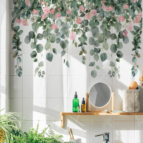 Moderne Aquarell Eukalyptusblätter Rosa Rose PVC Wandaufkleber Selbstklebend Hängend Grün Floral Decals Für Home Decor