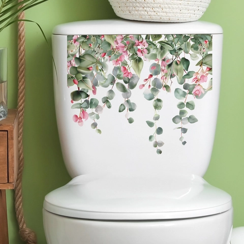 Tropical Eucalyptus Leaves Pink Flowers Toilet Sticker Removable PVC Green Plants Bathroom Wall Decal For Home Decor