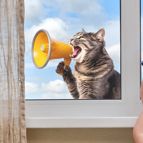 Creative Funny Cartoon Cat With Yellow Megaphone Window Sticker PVC Self Adhesive Wall Decal For Bedroom Living Room Decor