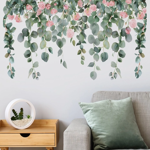Moderne Aquarell Eukalyptusblätter Rosa Rose PVC Wandaufkleber Selbstklebend Hängend Grün Floral Decals Für Home Decor