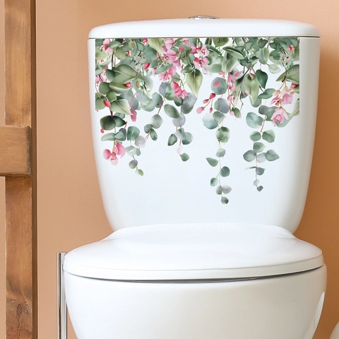 Tropical Eucalyptus Leaves Pink Flowers Toilet Sticker Removable PVC Green Plants Bathroom Wall Decal For Home Decor