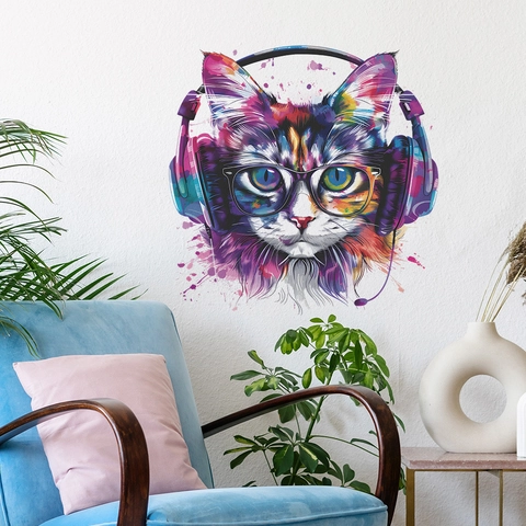 Artistic Colorful Cat Wall Sticker Wearing Headphones And Glasses Removable PVC DIY Mural For Bedroom Living Room Decor