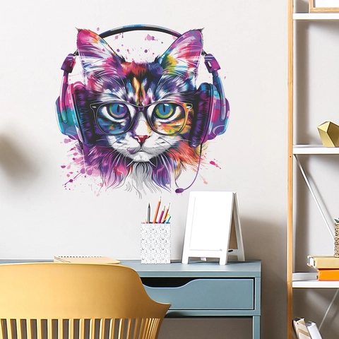 Artistic Colorful Cat Wall Sticker Wearing Headphones And Glasses Removable PVC DIY Mural For Bedroom Living Room Decor