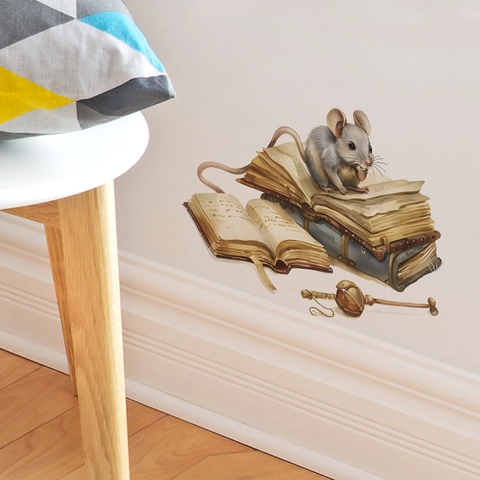 Pegatina de Pared 3D Ratón Realista Sobre Libros Calcomanía Decorativa de PVC Para Escaleras Dormitorio Baño Póster Autoadhesivo