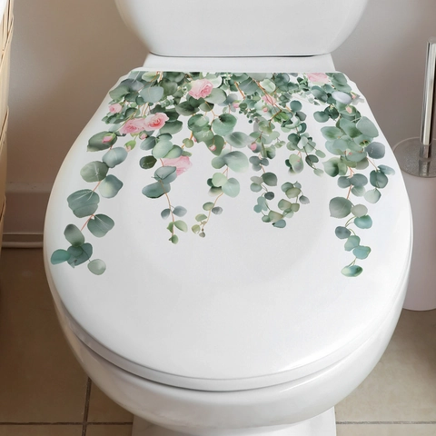 Pegatina de Inodoro de Hojas de Eucalipto Rosa Rosa Impermeabile PVC Floral Calcomanía de Pared Para Baño Decoración del Hogar Poster