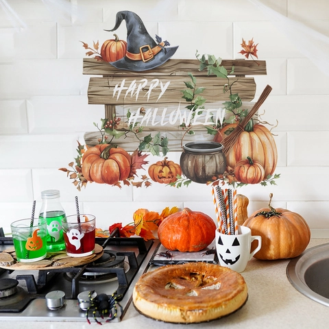 Happy Halloween Wall Sticker PVC Pumpkin Witch Hat Broom Pattern Decorative Decal For Living Room Home Party Festive Decor