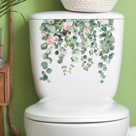 Pegatina de Inodoro de Hojas de Eucalipto Rosa Rosa Impermeabile PVC Floral Calcomanía de Pared Para Baño Decoración del Hogar Poster