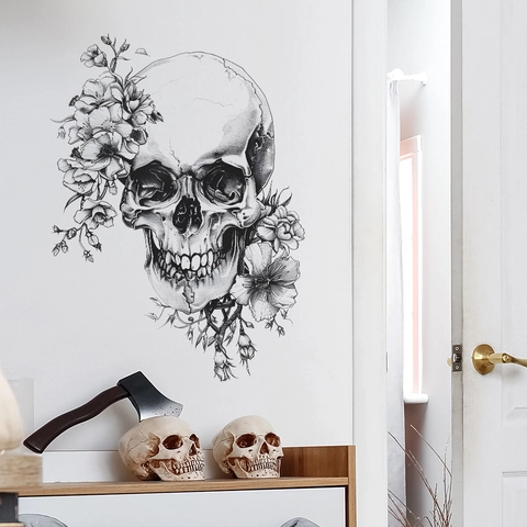 Halloween Schädel Blume Wandtattoo Gothic Skizzenkunst PVC Aufkleber Für Wohnzimmer Schlafzimmer Hintergrund Haus Dekoration