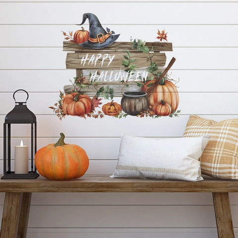 Happy Halloween Wall Sticker PVC Pumpkin Witch Hat Broom Pattern Decorative Decal For Living Room Home Party Festive Decor