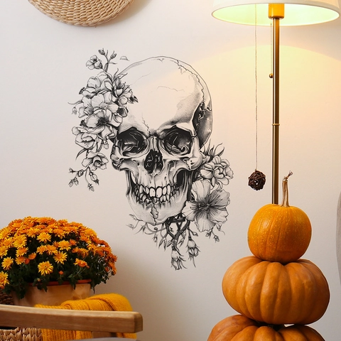 Halloween Schädel Blume Wandtattoo Gothic Skizzenkunst PVC Aufkleber Für Wohnzimmer Schlafzimmer Hintergrund Haus Dekoration