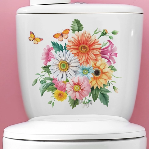 Lebendige Blumen Schmetterling Toilettenaufkleber Wasserdicht PVC Selbstklebend Wandtattoo Für Badezimmer Haus Kunst Deko