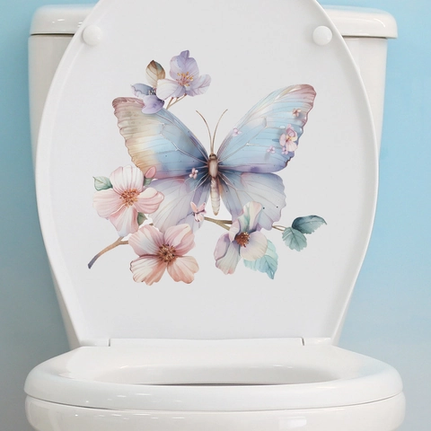 Pegatina de Inodoro de Mariposa y Flor Acuarela PVC Impermeable Removible Calcomanía de Baño Decoración Romántica Floral