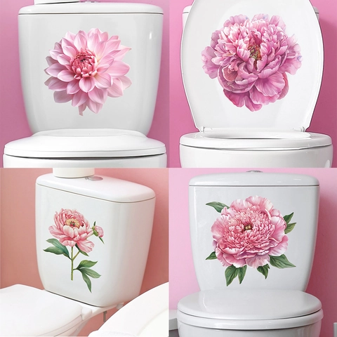 Wasserdicht PVC Rosa Blume Toilettenaufkleber Pfingstrose Dahlie Botanisch Floral Abnehmbare Badezimmer Wandaufkleber Für Haus Dekoration