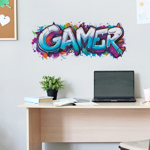 Πολύχρωμο Αυτοκόλλητο Τοίχου Γκράφιτι GAMER Αφαιρούμενο PVC Αυτοκόλλητο για Δωμάτιο Παιχνιδιών Κρεβατοκάμαρα Διακόσμηση Σπιτιού