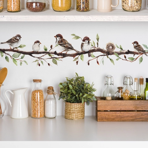 Pegatina de Pared de Gorriones Realistas en Rama PVC Removible Autoadhesiva Vinilo Decorativo para Dormitorio Sala de Estar Hogar